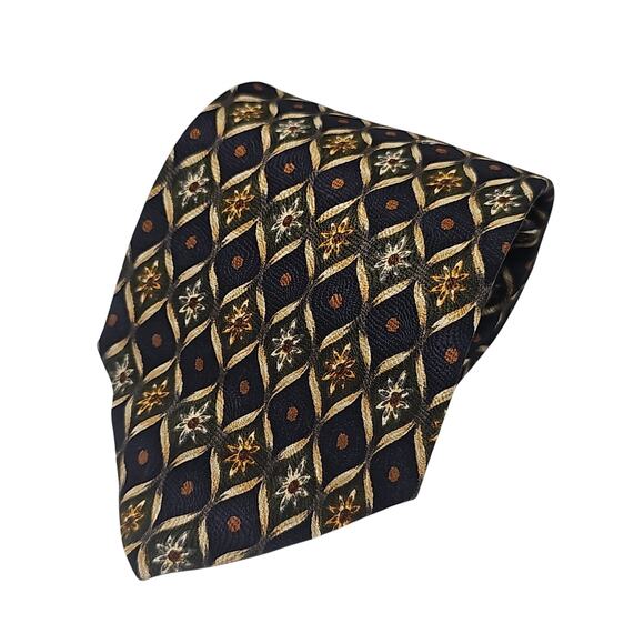 Lands End Geometric Silk Tie Floral Foulard Navy Green Designer USA 56.5" - Picture 2 of 5